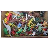 Large box plastic cowboys, indians, dinosaurs,