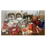 Christmas dishes, tablecloth, ornaments, figures