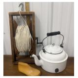 Wooden clothesline reel, enamel teakettle, wood