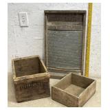2 Wooden Advertising Crates & Washboard