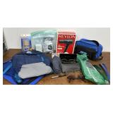 Hairdryer, hair brushes, mini hiking backpack,