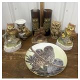 Owl figures, candles, plate- *1 chipped, 1
