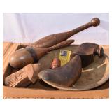 Box of Antique Wood items including neat Juggling