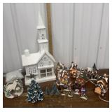 Christmas village w/ lights, ceramic tree, church
