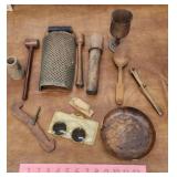 Wooden items - glasses, draw shave, grater, etc