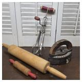 Rolling pins, mixer, & Enterprise sad iron