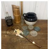 Stoneware bean pot, glass lids, bottle, wood