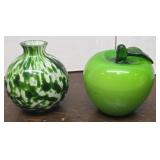 2pcs green art glass - Apple paperweight & vase