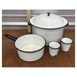Enamel pan, pot with lid and cups