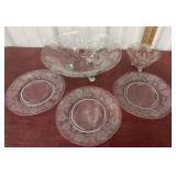2 TIFFIN CORONET ETCHED footed bowls and 3 plates