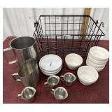 Wire basket with stainless steel pitchers and