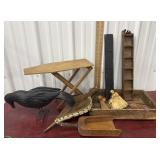 Bellows, small crate, mini ironing board, wooden