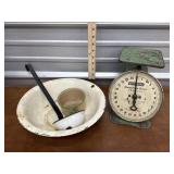 Universal house scale and enamel bowl, cup and