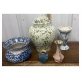 Ceramic lidded jar, spitoon?, vases, some signed
