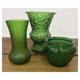 3 green glass vases - E.O. Brody Co, Hoosier