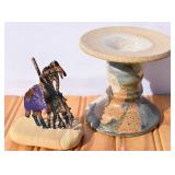 Metal Lazart Figure & Stoneware Pottery Candle