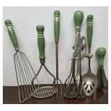 Green handle vintage kitchen utensils