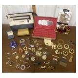 Pins, tie clips, purse, jewelry box, perfume etc