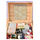 Vintage Wood Wine Box with Vintage Fishing Items