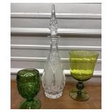 Beautiful heavy decanter, & green glass