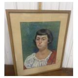 Large portrait art- signed, framed *dirty under