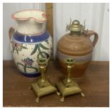 Signed pitcher, pottery oil lamp, brass candle