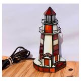 Stained Glass Red & White Lighthouse Night
