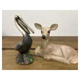 70s Deer & Pelican ceramic lawn ornaments. Both