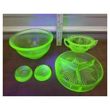 Glow uranium bowl, coaster feet, dish and divided