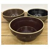 3 large Brown Stoneware batter Bowls *damage