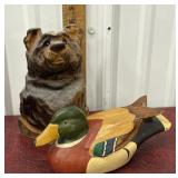 Wooden carvers bear and duck