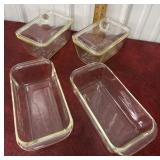 2 Pyrex bread dishes and 2 lidded Glasbake dishes