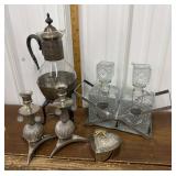 Coffee pot, decanters, candle sticks, trinket box