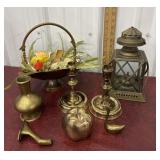 Brass lantern, candle stick holders, goose. Vase