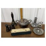 Pewter candle sticks, bell, lidded bowl, opera