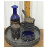 Cobalt blue glass & metal set