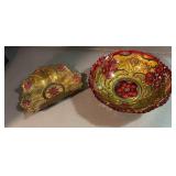 Vintage Goofus Glass Red flowers Gold tone