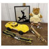 Pennzoil car, Bear, jump rope, Medusa figures,
