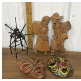 Folk art windmill, clay masks, wooden figures
