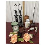 Home decor., plates stands, lamps, terra cotta
