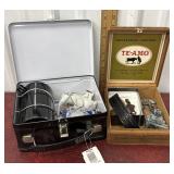 Wooden cigar box and tin lunch pail with lil