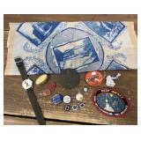 Mickey Mouse watch, pins, pill box, 1959 medal