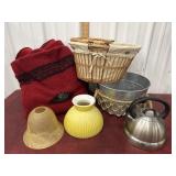 Baskets, tea kettle, glass lamp shades and