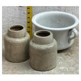 Chamber Pot & 2 Small Crocks
