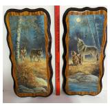Pair of  Lacquered Decoupage Wall Plaques Wolves
