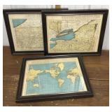 3 framed maps- The World, New York, Pennsylvania