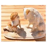 Victorian Salt Stone Statue of Girl & Dog