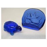 2 Cobalt Blue Glass Paperweights
