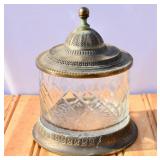 Heavy Antique Brass & Leaded Glass Lidded Jar