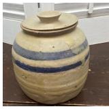 Blue banded crock with lid